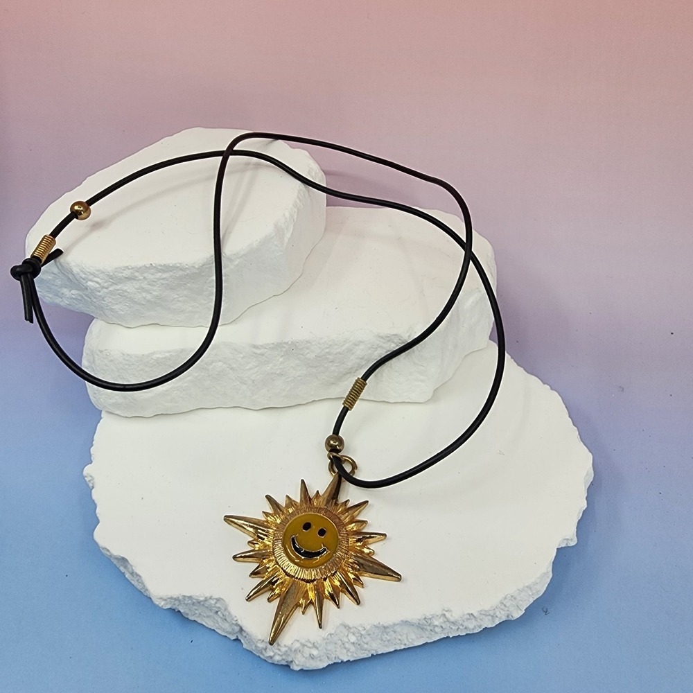 Gold Tone Smiley Sun Pendant Necklace Black Cord Celestial Statement Vintage